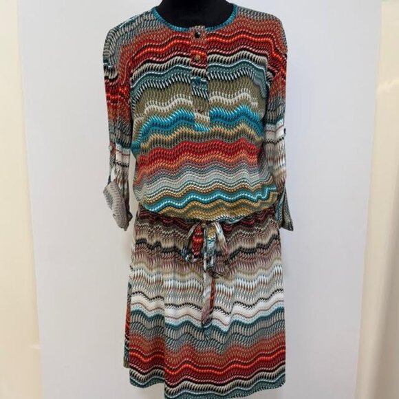 Veronica M Dresses & Skirts - VeronicaM Retro Aztec Dress Sz S Drop Tie Waist Boho Comfort 3/4 Length Sleeve